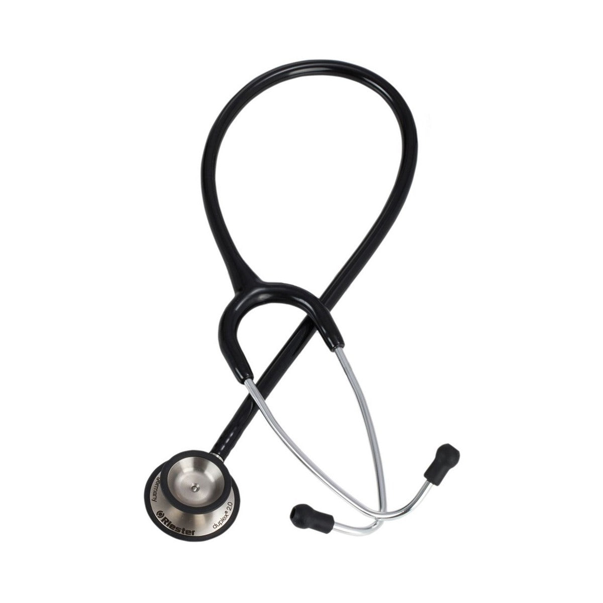 Riester Duplex 2.0 black stethoscope, angled view of chest piece and binaural