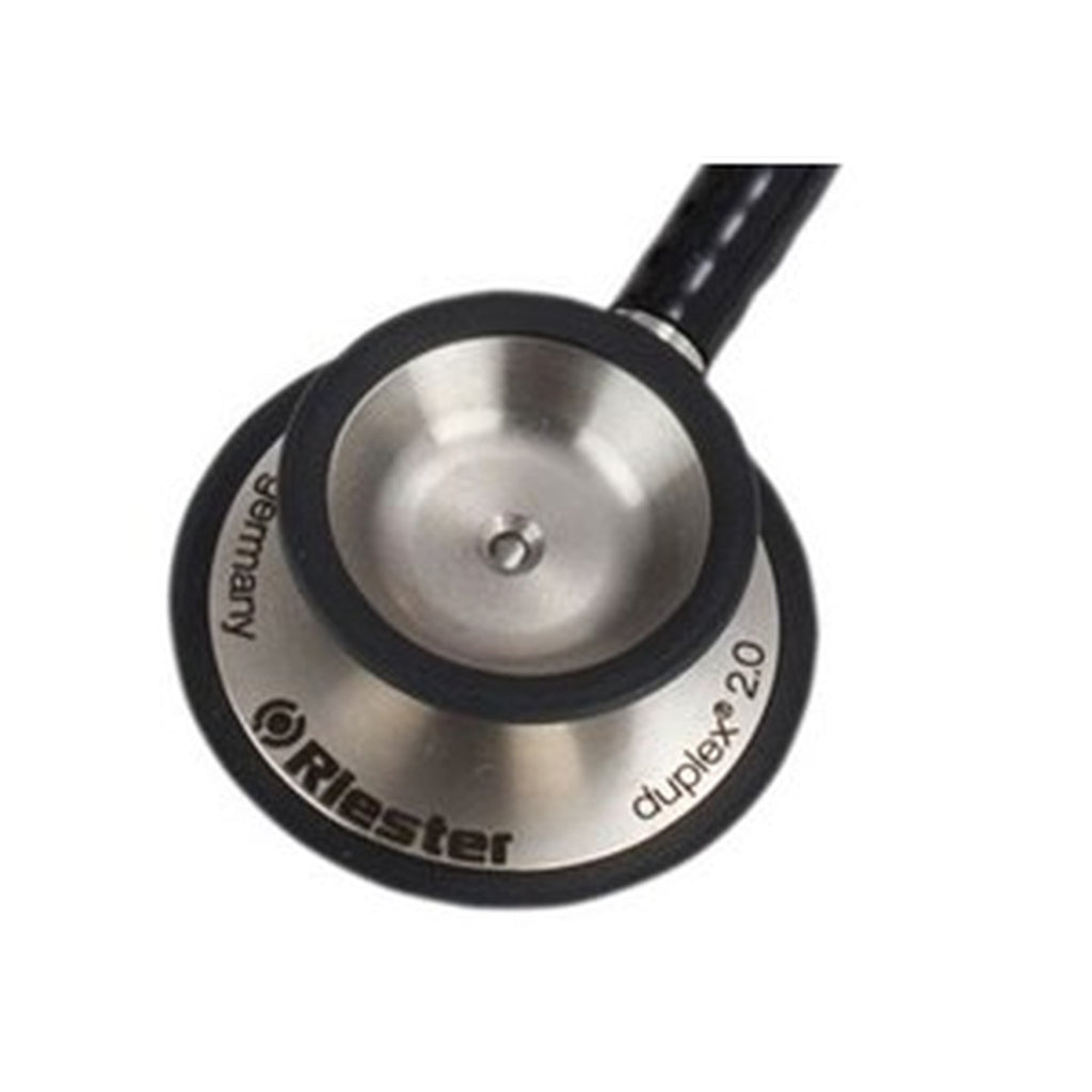 Close-up of the Riester Duplex 2.0 stainless steel dual-head chest piece, black tube