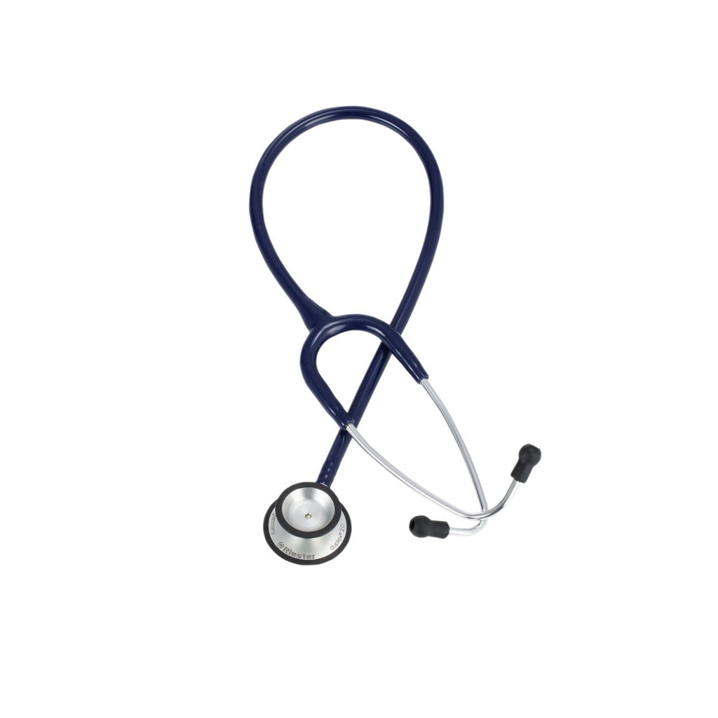 Riester Duplex 2.0 navy blue stethoscope, angled view of chest piece and binaural