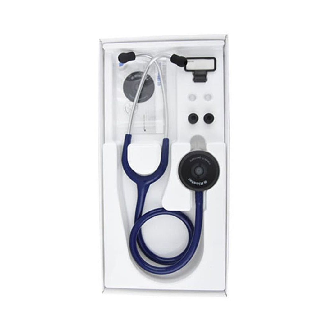 Riester Duplex 2.0 navy blue stethoscope in its box with spare ear tips, diaphragm and name plate