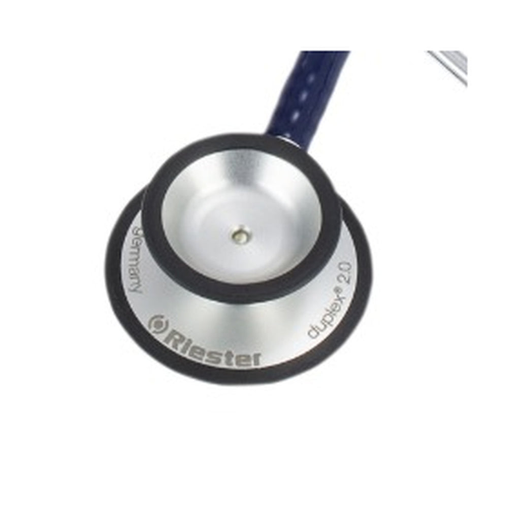 Close-up of the Riester Duplex 2.0 stainless steel dual-head chest piece, navy blue tube