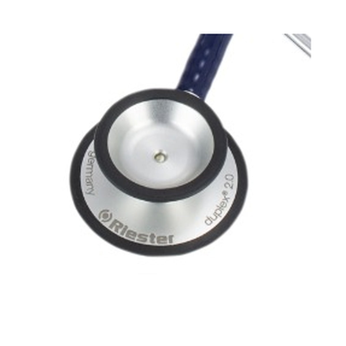 Close-up of the Riester Duplex 2.0 stainless steel dual-head chest piece, navy blue tube